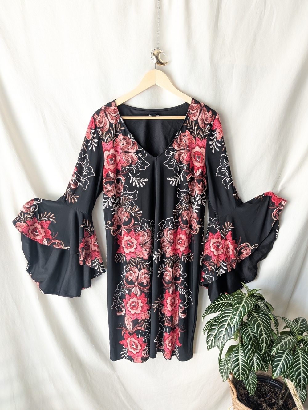 Roz & Ali Black Long-Sleeve Dress with Pink Floral Print
